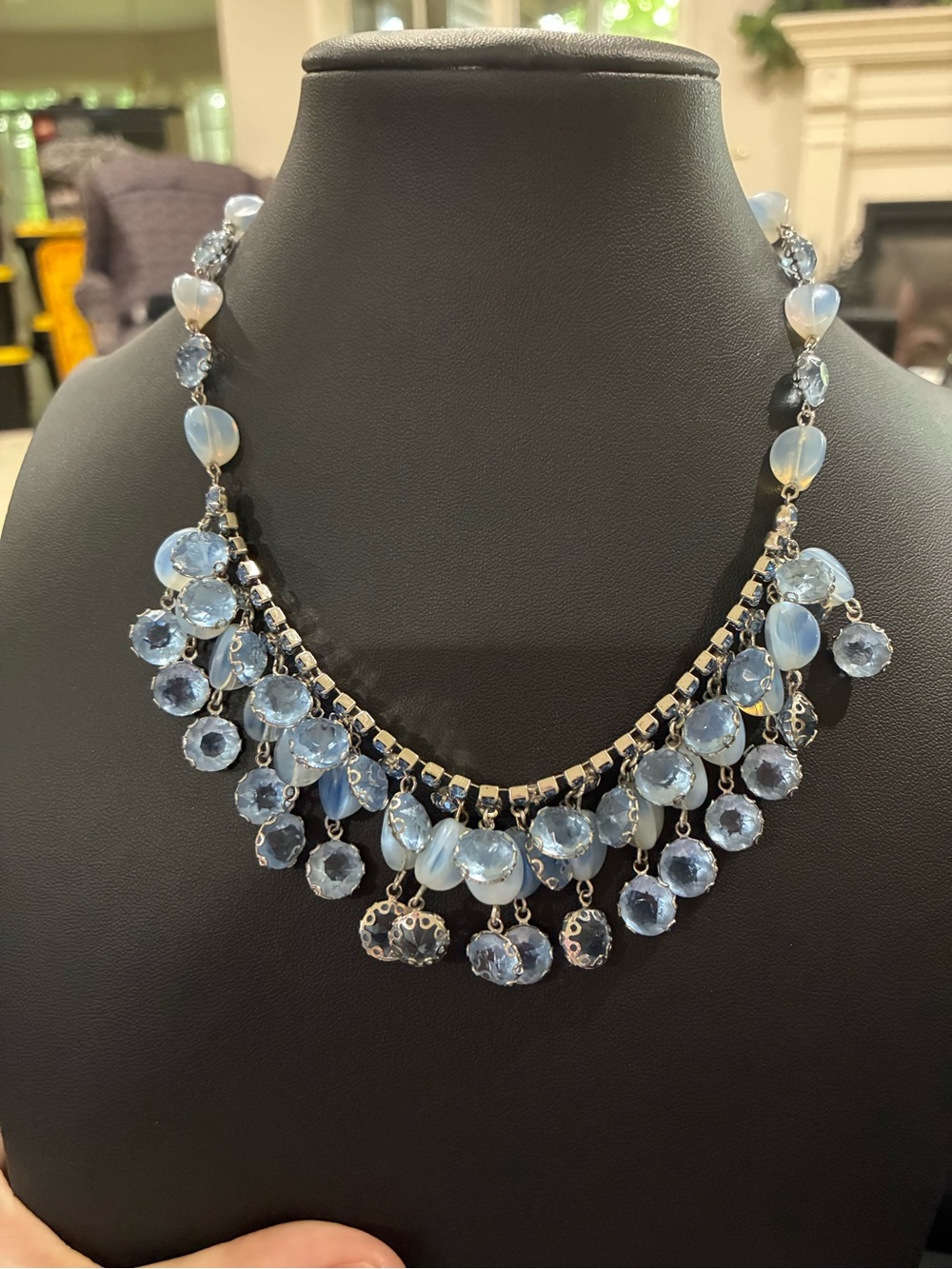 Vintage Mid Century Frosted Blue Glass Rhinestone Collar Necklace